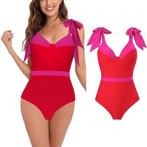 NEW Underwire Tie Shoulder Swimsuit One Piece Tummy Control Swimsuit V Neck
